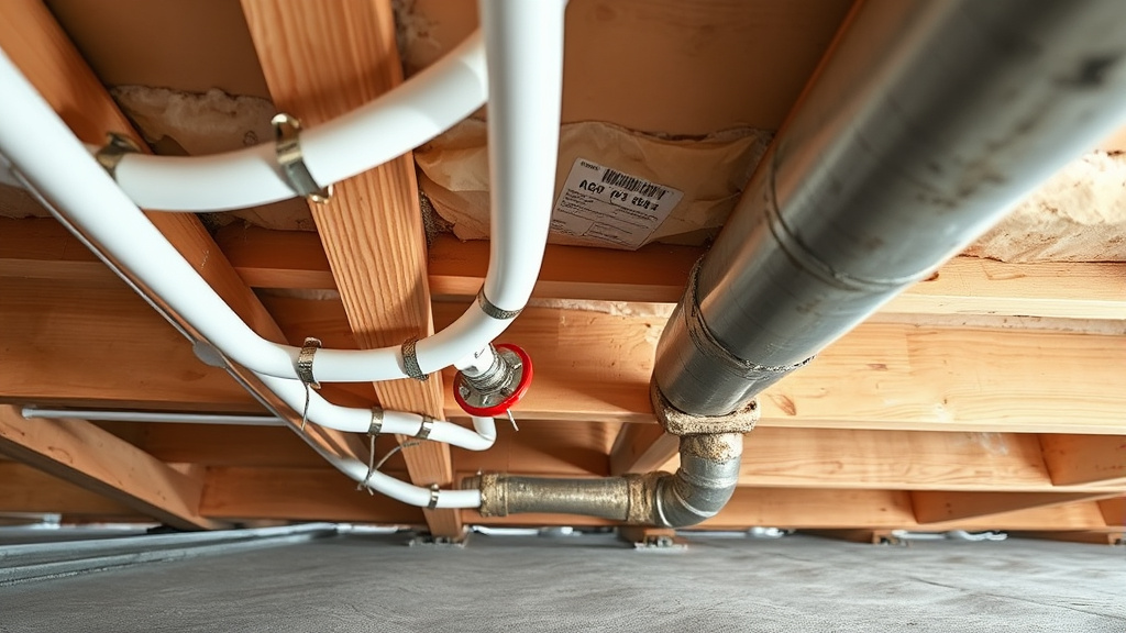 New PEX water supply tubing strapped along floor joists beneath an Everett home next to an old corroded galvanized steel pipe